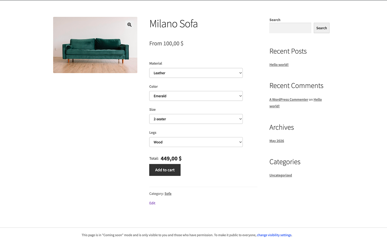 Frontend : le client sélectionne des attributs, le prix se met à jour en direct